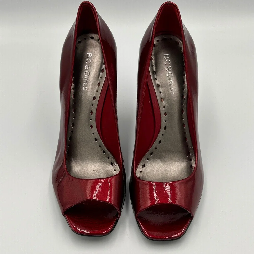 BCBGirls Patent Leather Peep Toe‎ Stiletto Heels Women's Size 8.5 Red